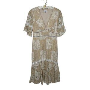 Saylor Maggy Lace‎ Dress Size L Beige Ivory Flared Hemline Floral Deep V Neck